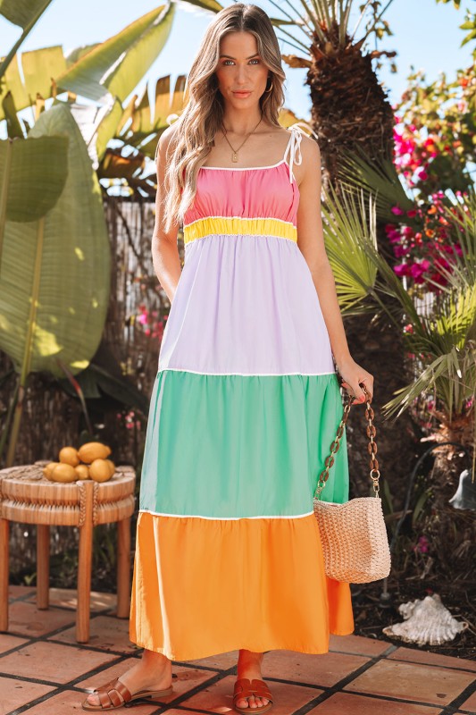 Cassandra Colorblock Self-tie High Waist Maxi Dres