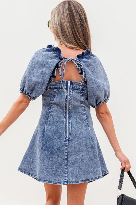 Celia Square Neck Bustier Puff Sleeve Short Denim