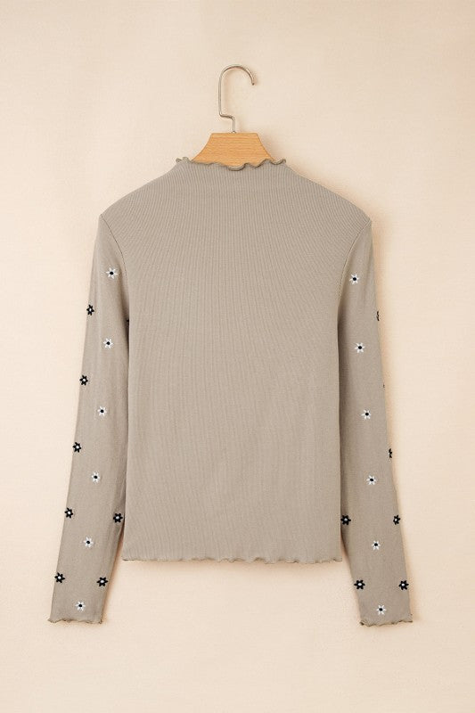 Floral Ribbed Embroidered Long Sleeve Top