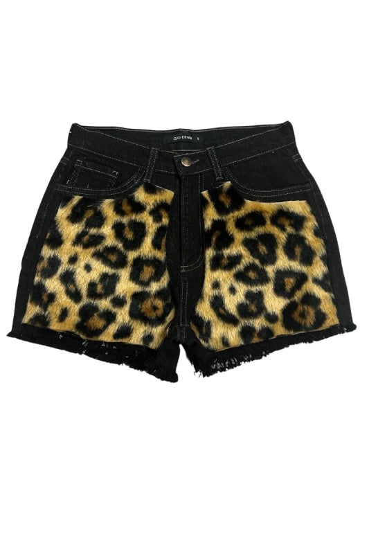 GJG Denim Short with Faux Fur Leopard