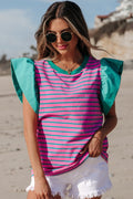 Adrianna Stripe Ruffled Sleeve Crew Neck Blouse