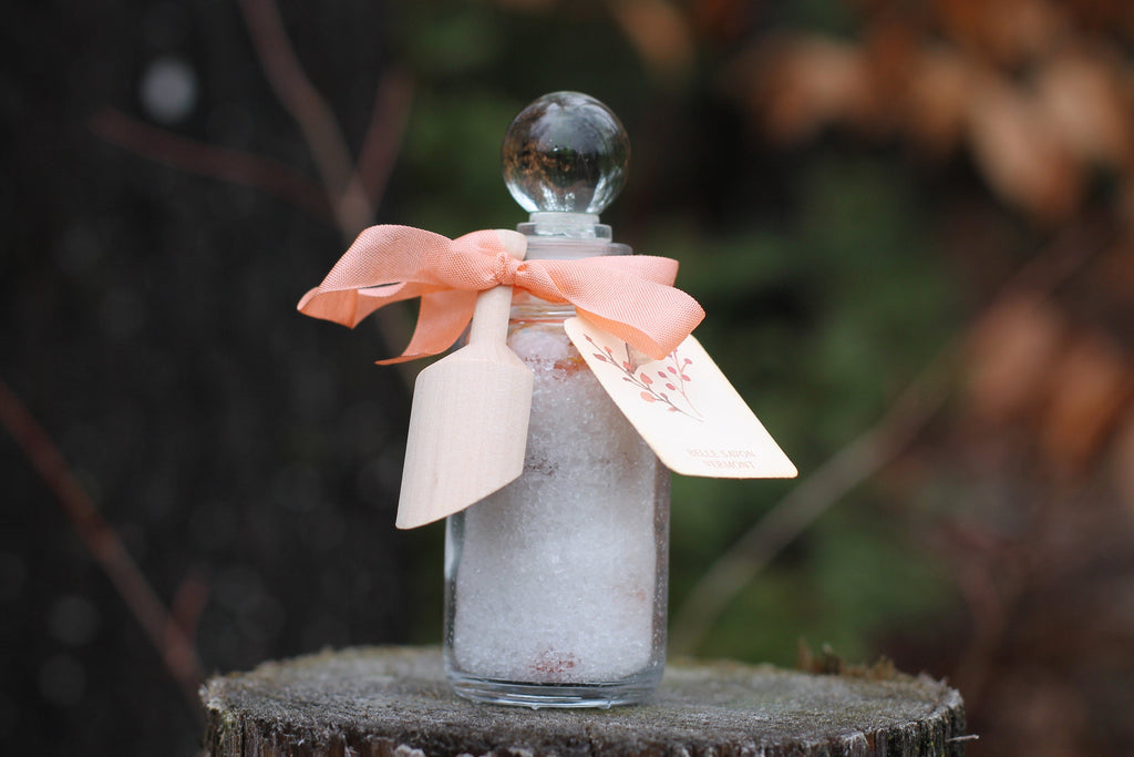 Aromatherapy Bath Soak-3oz  Recycled Glass Bottle with Glass Top and Wooden Scoop