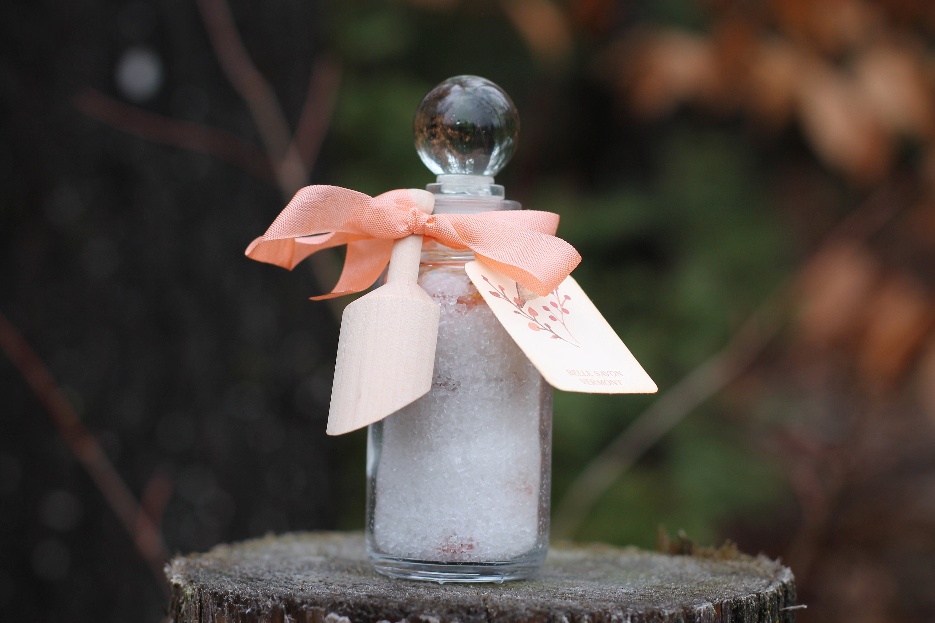 Aromatherapy Bath Soak-3oz  Recycled Glass Bottle with Glass Top and Wooden Scoop